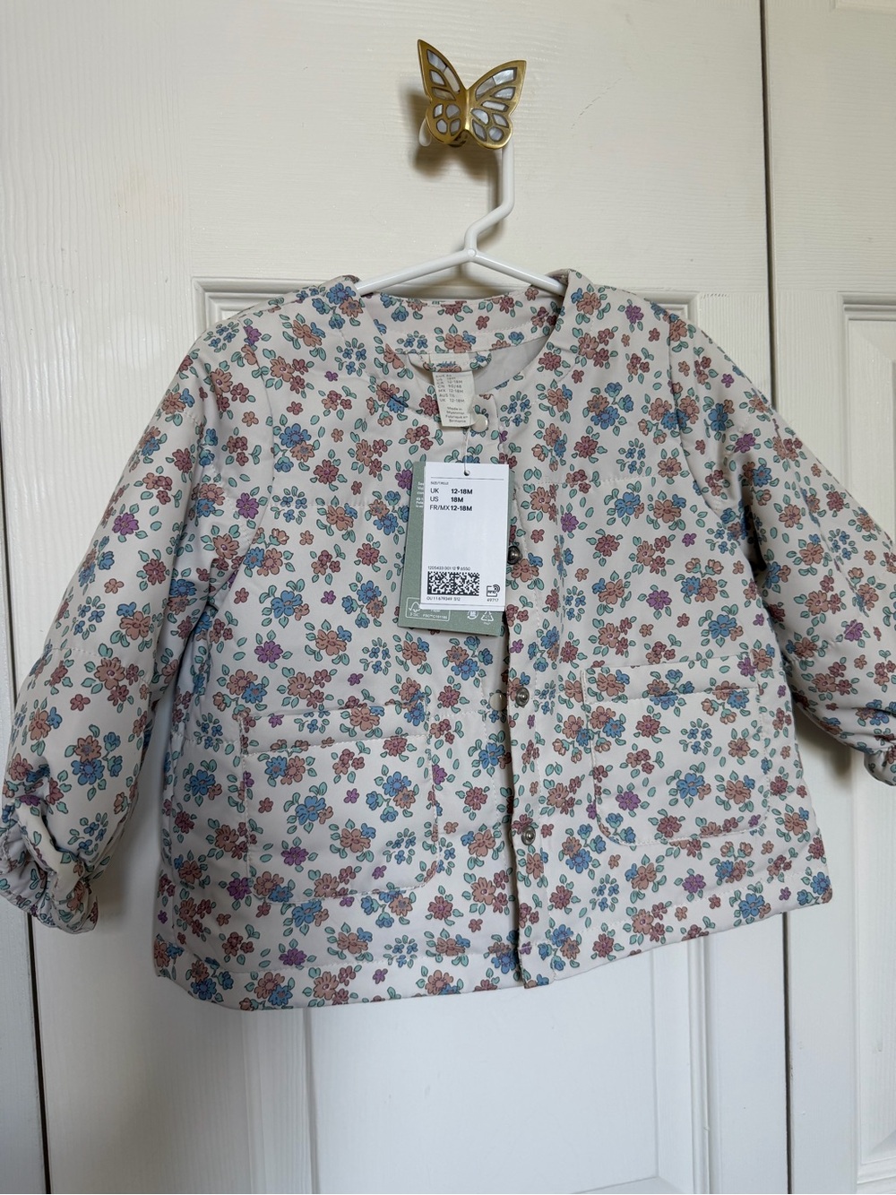 Toddler Girls H&M Floral Quilted Jacket - Cream with Multicolor Flowers